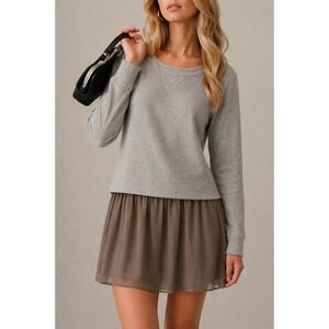 DELETTA Mixed Media Sweatshirt Dress Gray Olive Green Long Sleeve Mini Large